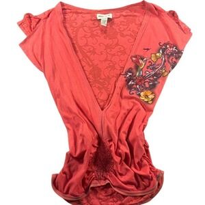 AZZURE Women's XL Short Sleeve Top Traditional Tattoo Hummingbird Floral Graphic